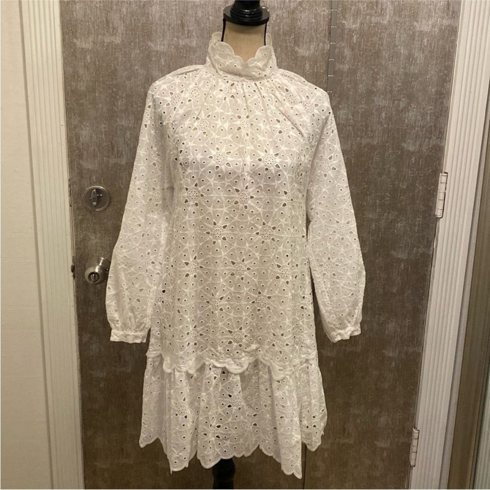 Scanlan Theodore White Lace Long Sleeve eyelet Dress, M